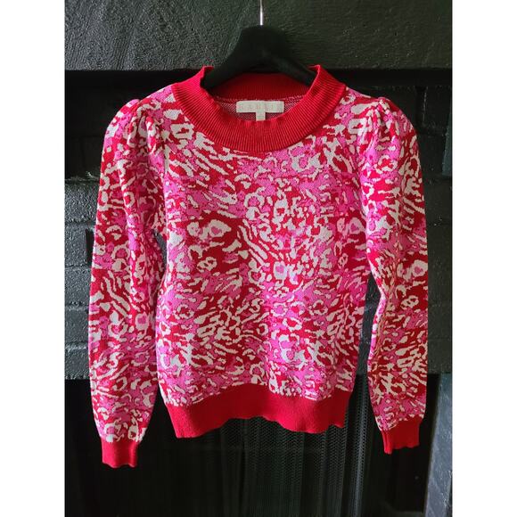 KARLIE Pink & Red Cheetah puff sleeved sweater size small - Picture 2 of 6